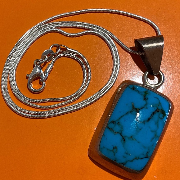 Large Southwestern Vintage Sterling Silver Turquoise 1” Pendant 20” Necklace - Picture 1 of 10